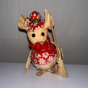 Vtg 70s Ardco Corn‎ Husk Straw Mouse Christmas Tree Ornament with Broom